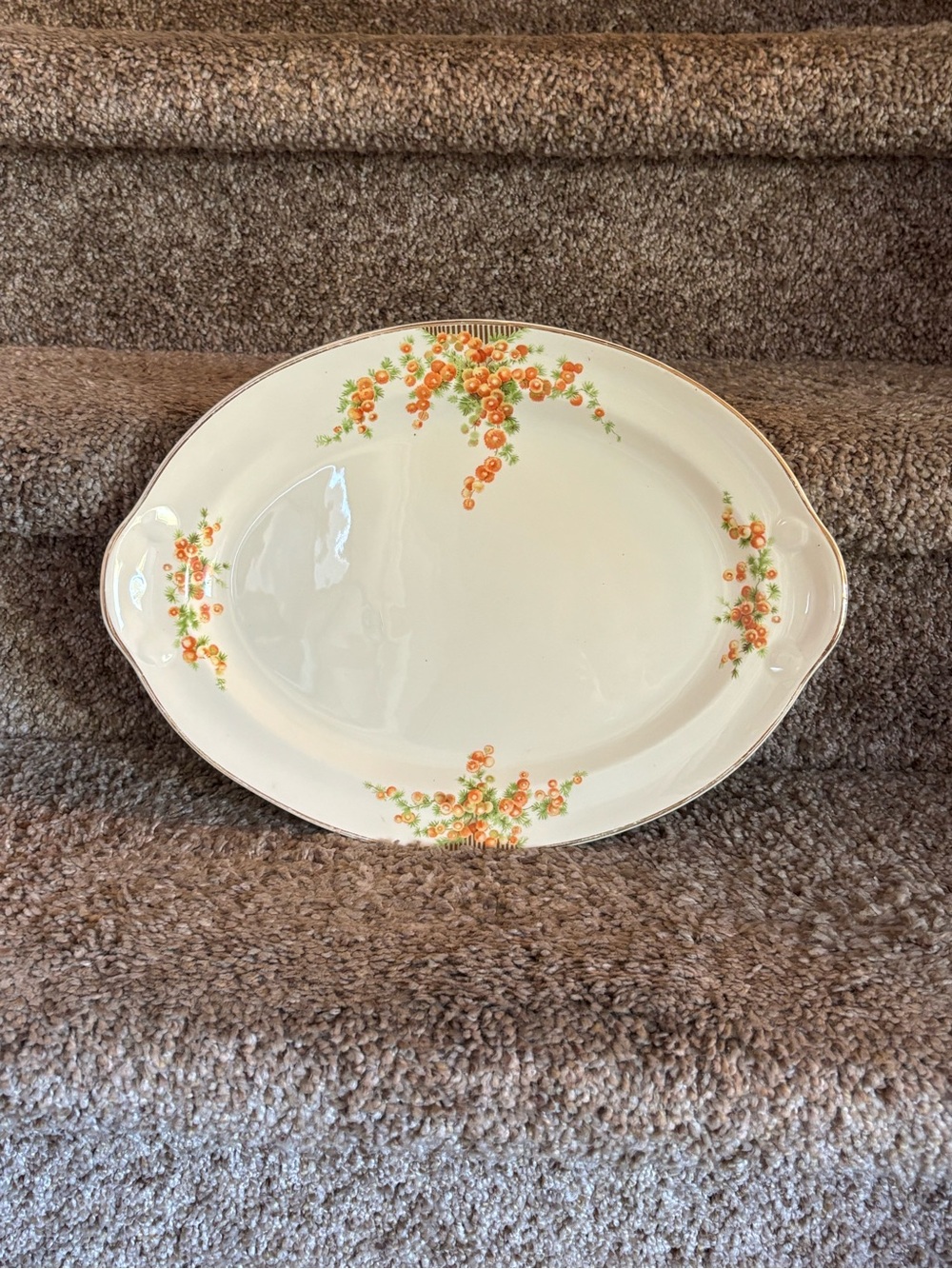 Elegant Cream Serving Platter with Orange Floral Accent